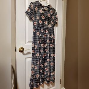 🔴 Maxi summer floral plaid dress, black and white